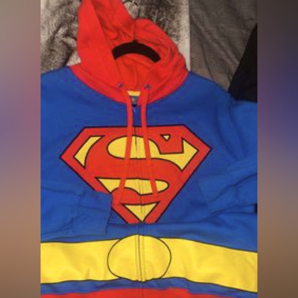 New Red, Blue, and Yellow Zip Up Superman Hero Jacket with Hood, Men’s Large